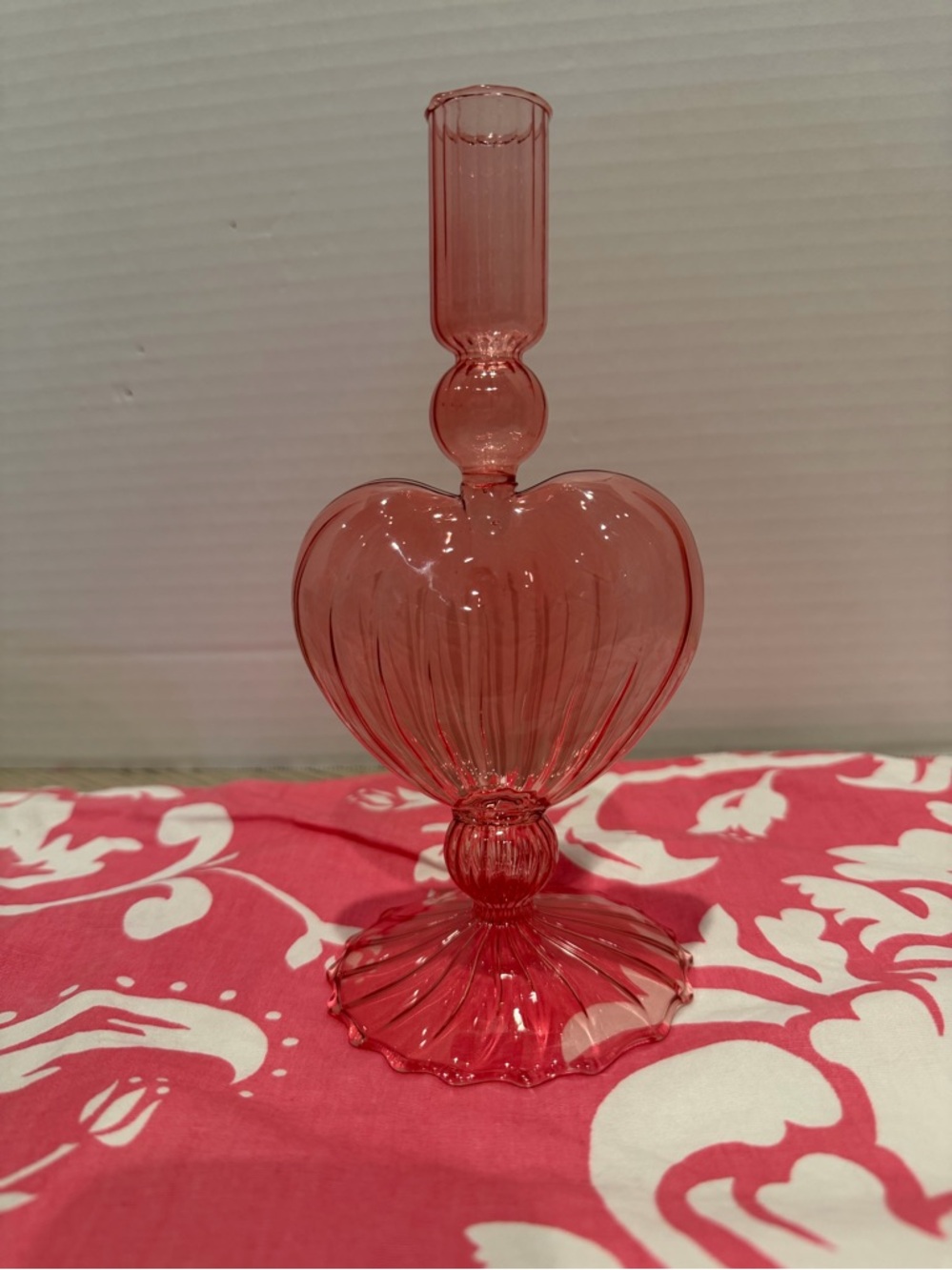 Pink Glass Candleholder. Heart Shaped Very Delicate Light Weight. 8”